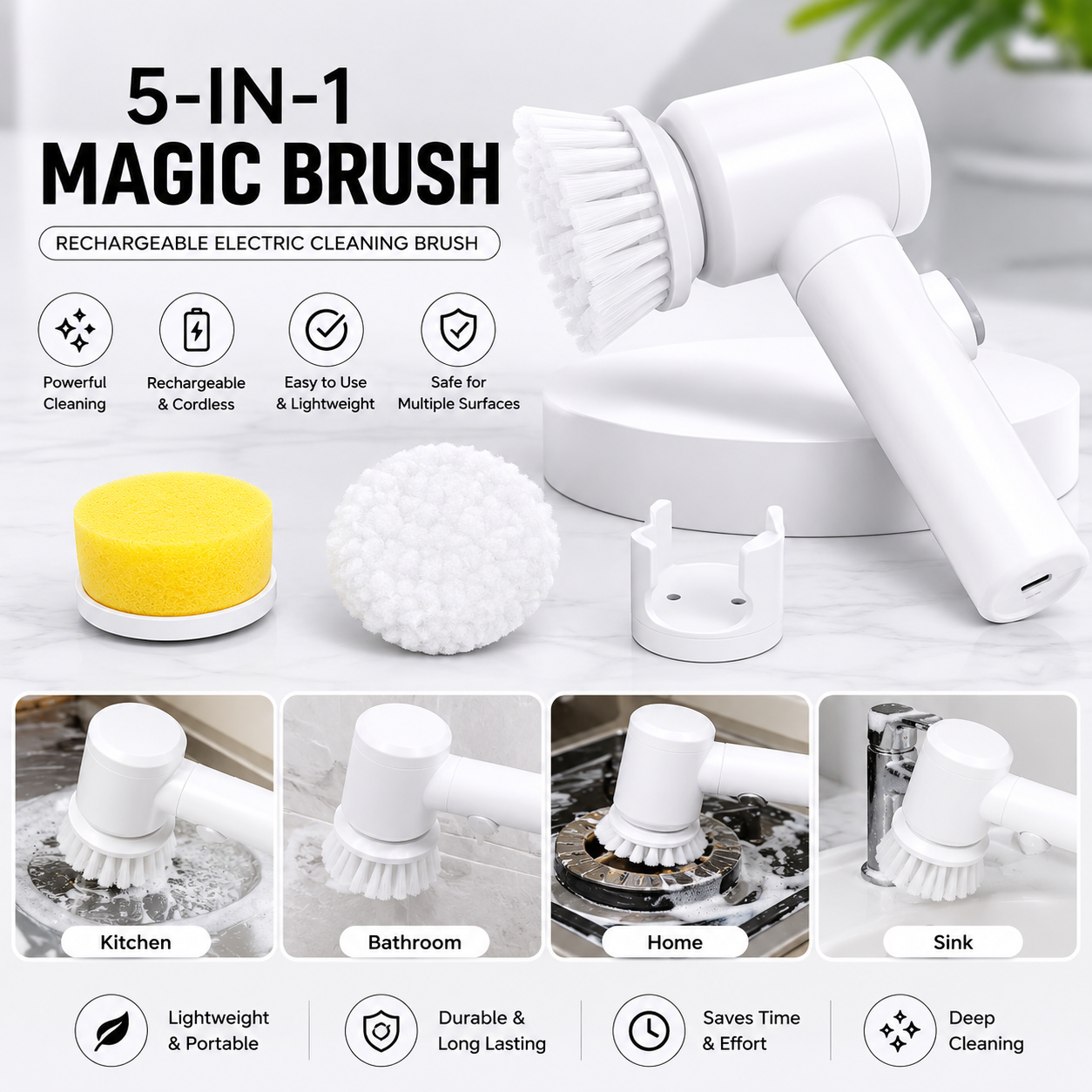 5-in-1 Rechargeable Magic Brush | Electric Cleaning Brush for Bathroom, Kitchen & Car